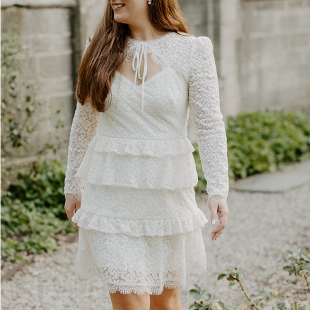 Monique Lhuillier Lace Long Sleeve Tie Front Dress with Ruffles Size 8